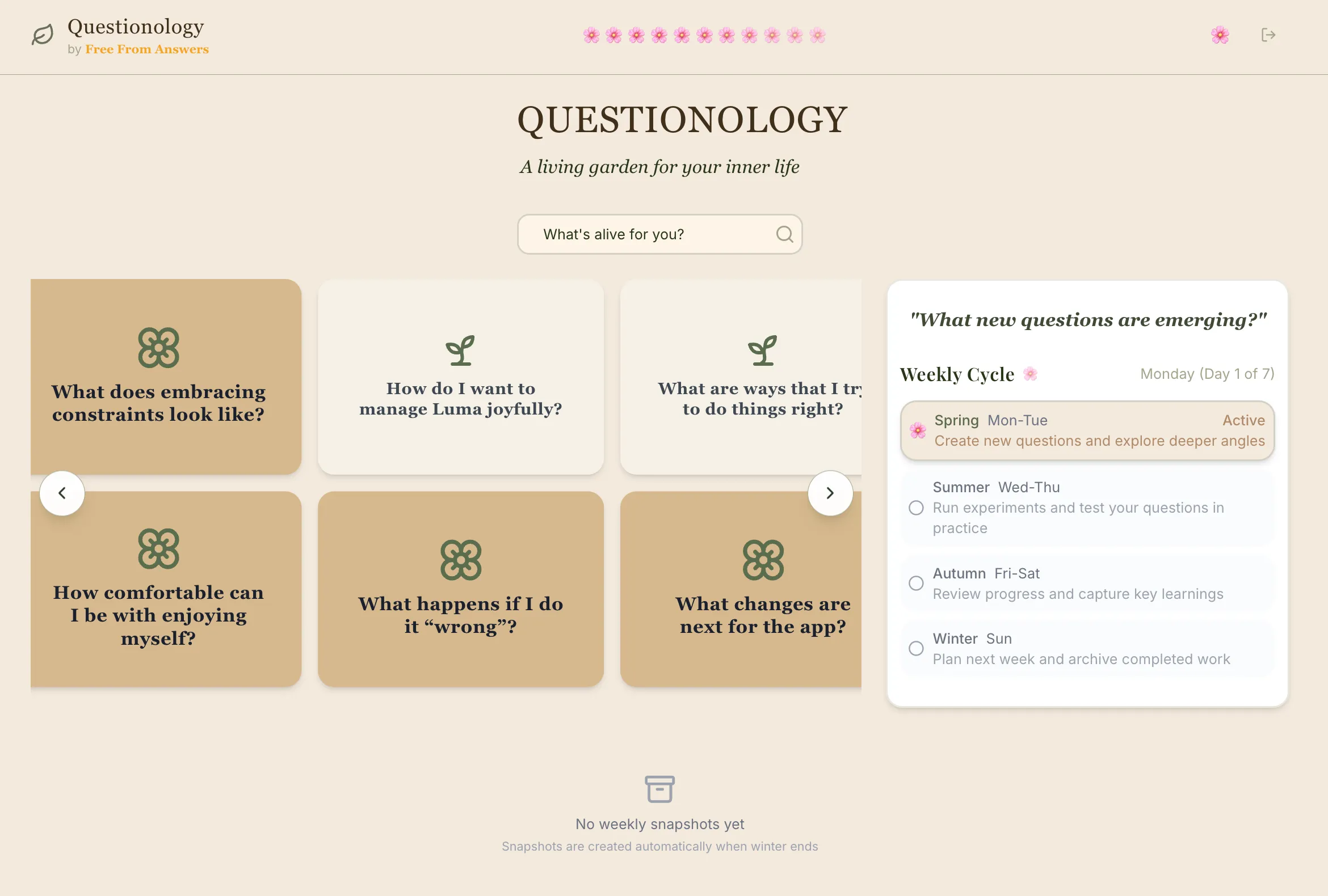 Questionology app interface showing the living questions feature